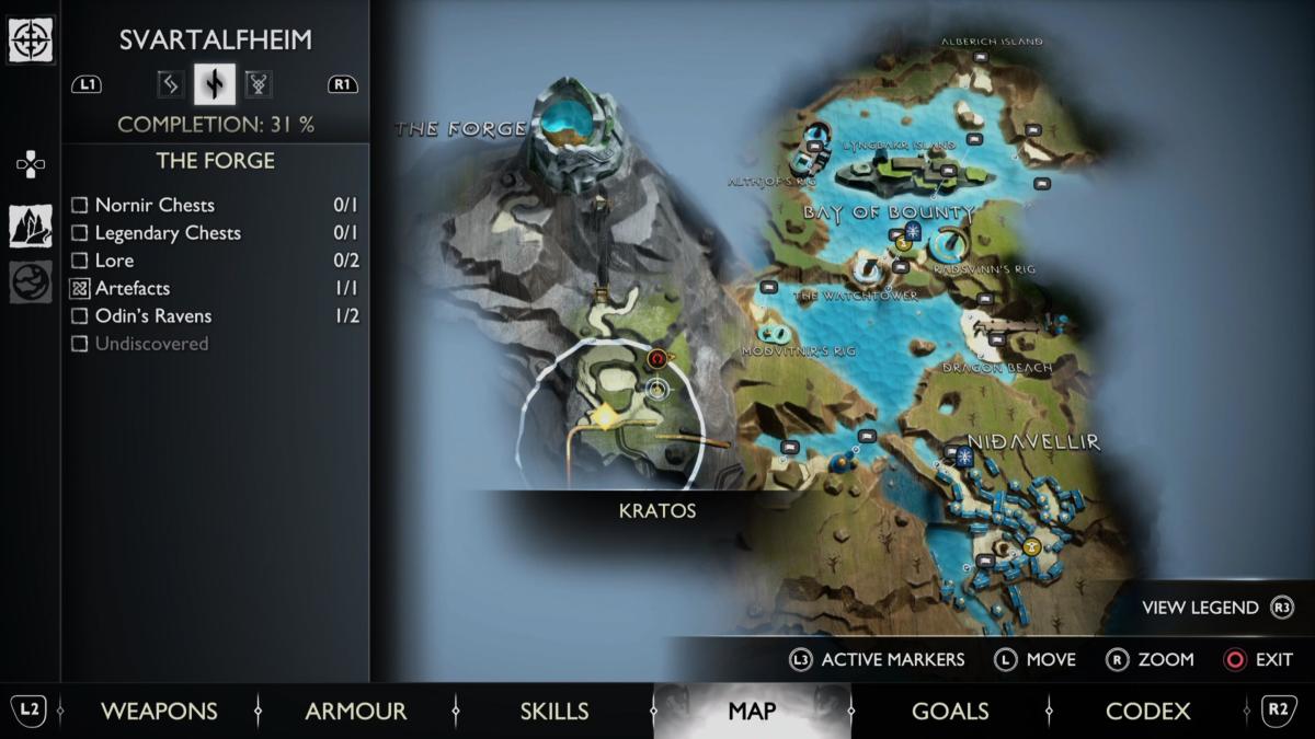 A map view of the raven at The Forge in God of War Ragnarok.